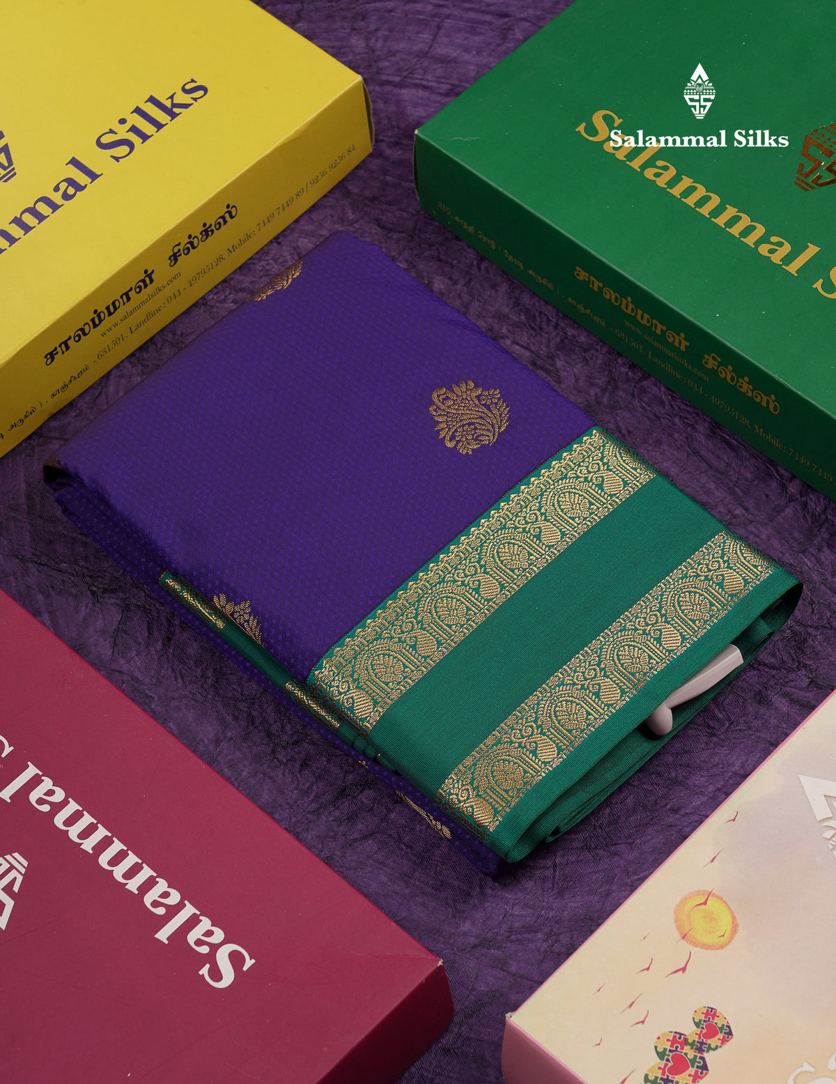 Beautiful Violet Semi Silk Saree With Teal Green Traditional Korvai Double Border