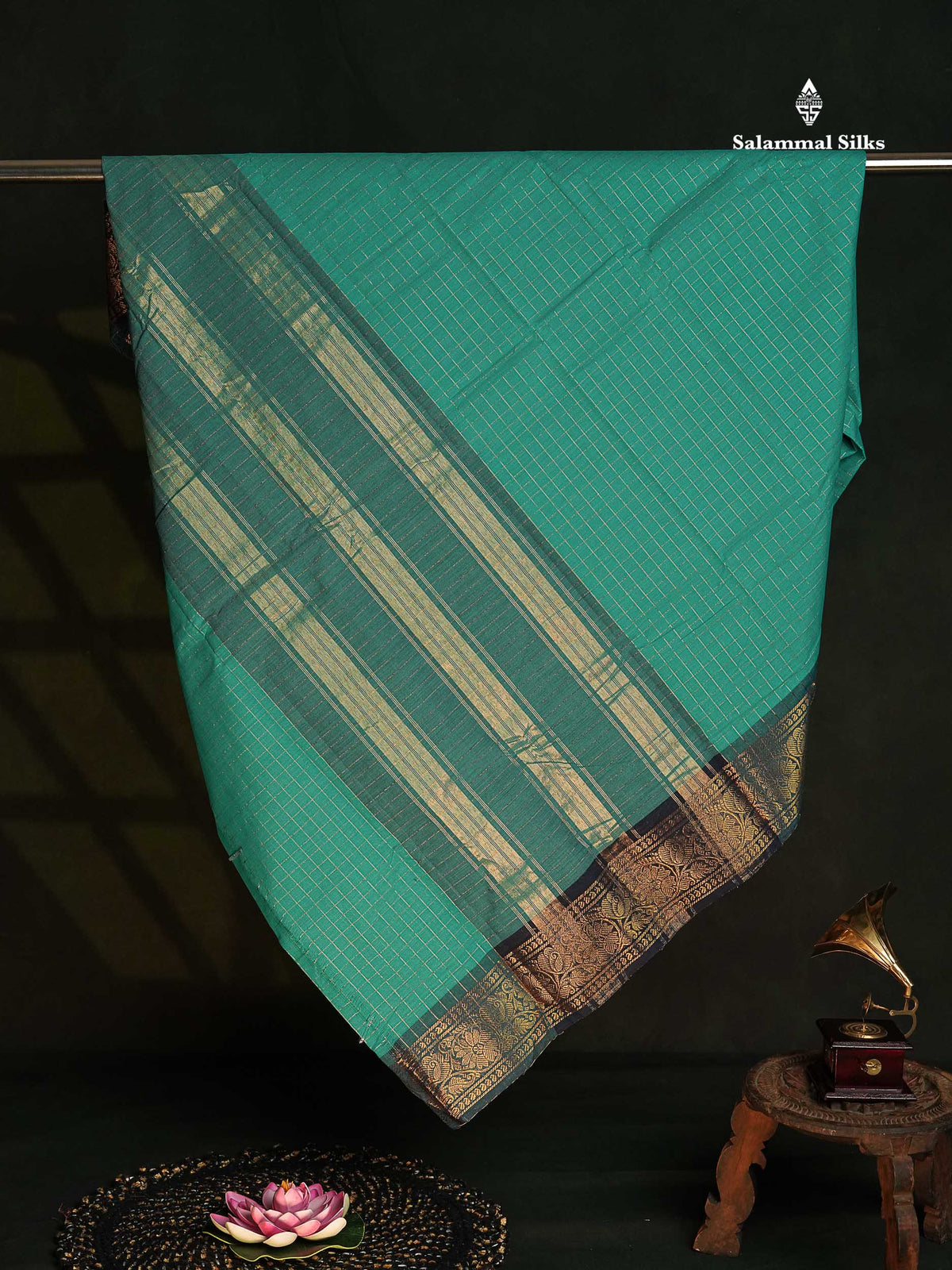 Chettinad Pure Cotton Saree - Sapphire Green Colour Body Zari Checks With Traditional Border