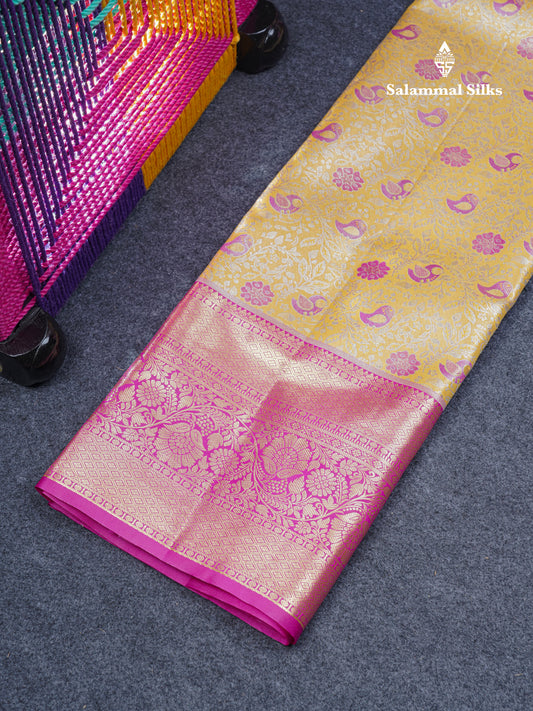 Semi Silk Pattu Pavadai Tissue (Mustard Yellow) With Contrast Magenta Pink Blouse 45"