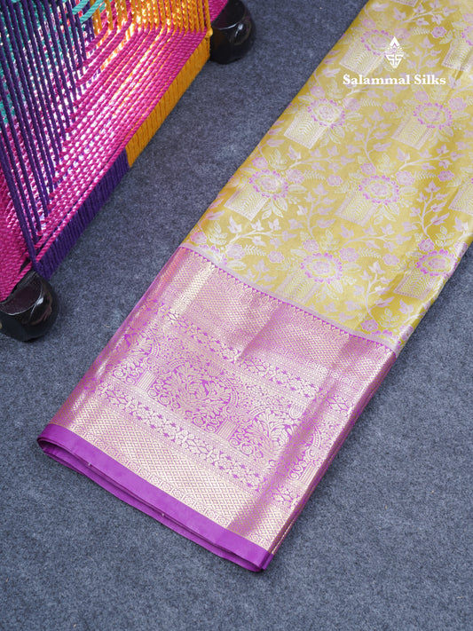 Semi Silk Pattu Pavadai Tissue (Olive Mustard Yellow) With Contrast Dark Purple Blouse 45"