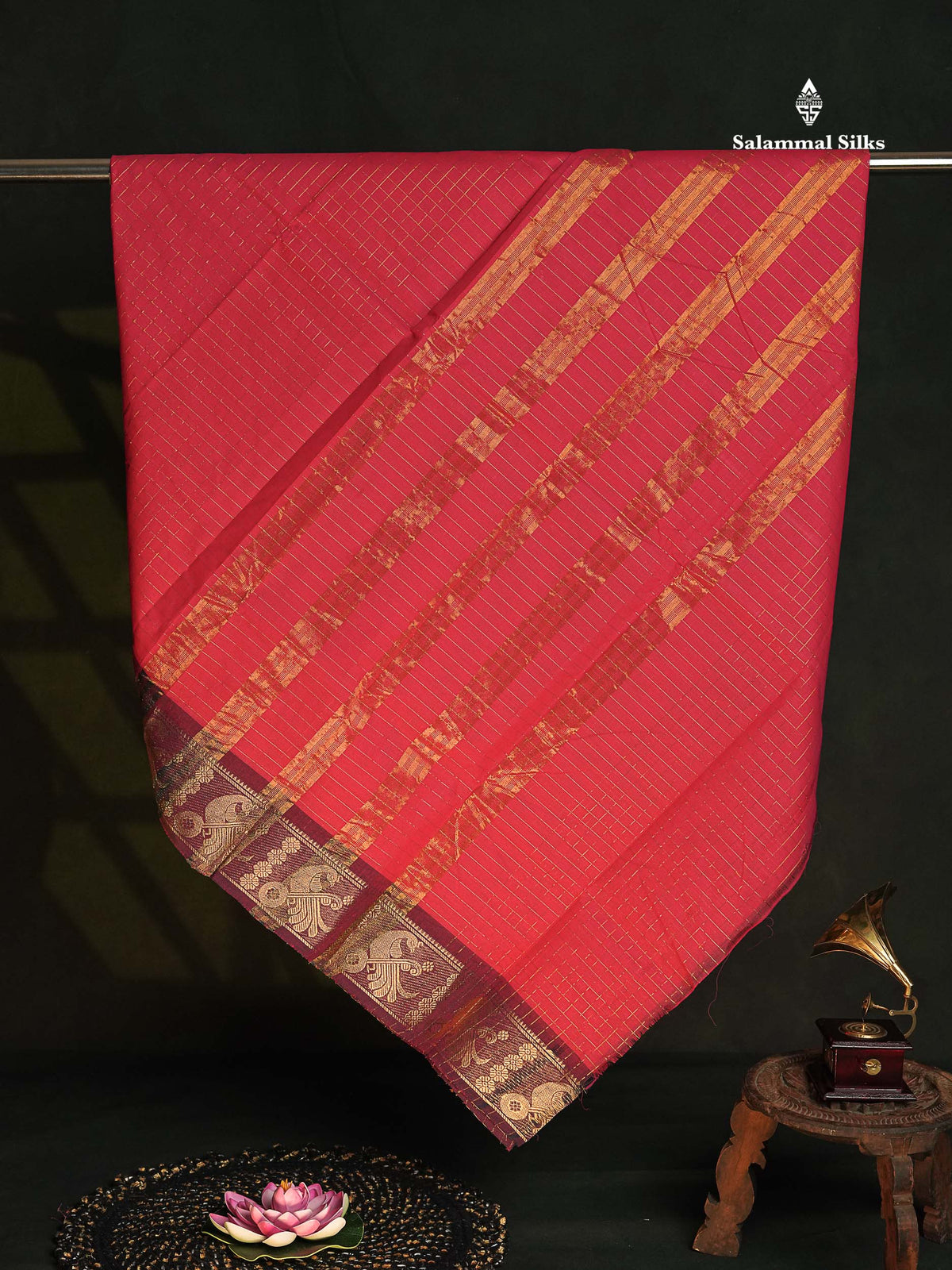 Chettinad Pure Cotton Saree - Redish Pink  Colour Body Zari Checks With Traditional Border