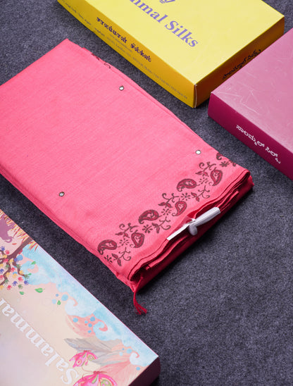 Beautiful Pinkish Peach Mirror Work South Cotton Printed Saree With Contrast Sapphire Green Blouse