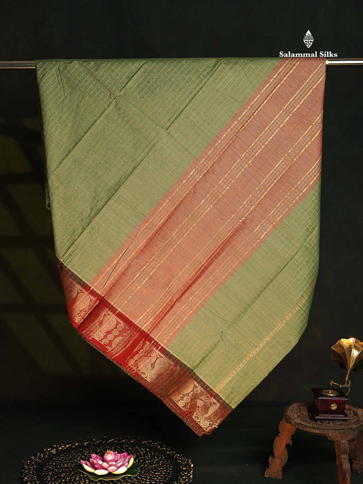 Chettinad Pure Cotton Saree - Light Green Colour Body Zari Checks With Contrast Maroon Border