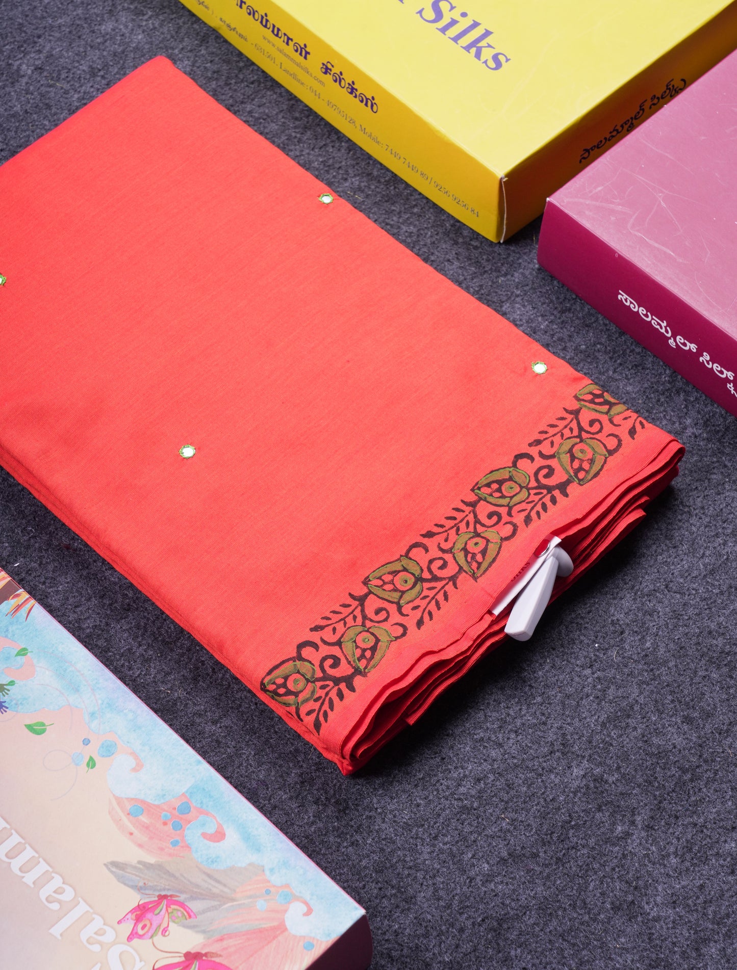 Beautiful Red Mirror Work South Cotton Printed Saree With Contrast Cream Sandal Blouse