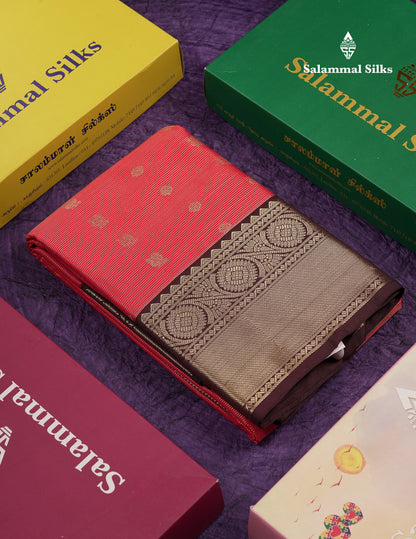 Beautiful Pink Vaira Oosi With Butta Semi Silk Saree With Contrast Dark Brown Traditional Border