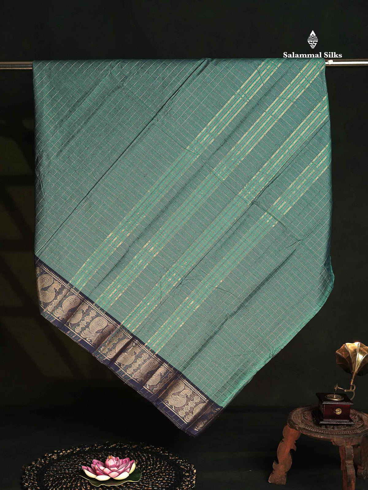 Chettinad Pure Cotton Saree - Light Green Colour Body Zari Checks With Contrast Maroon Border