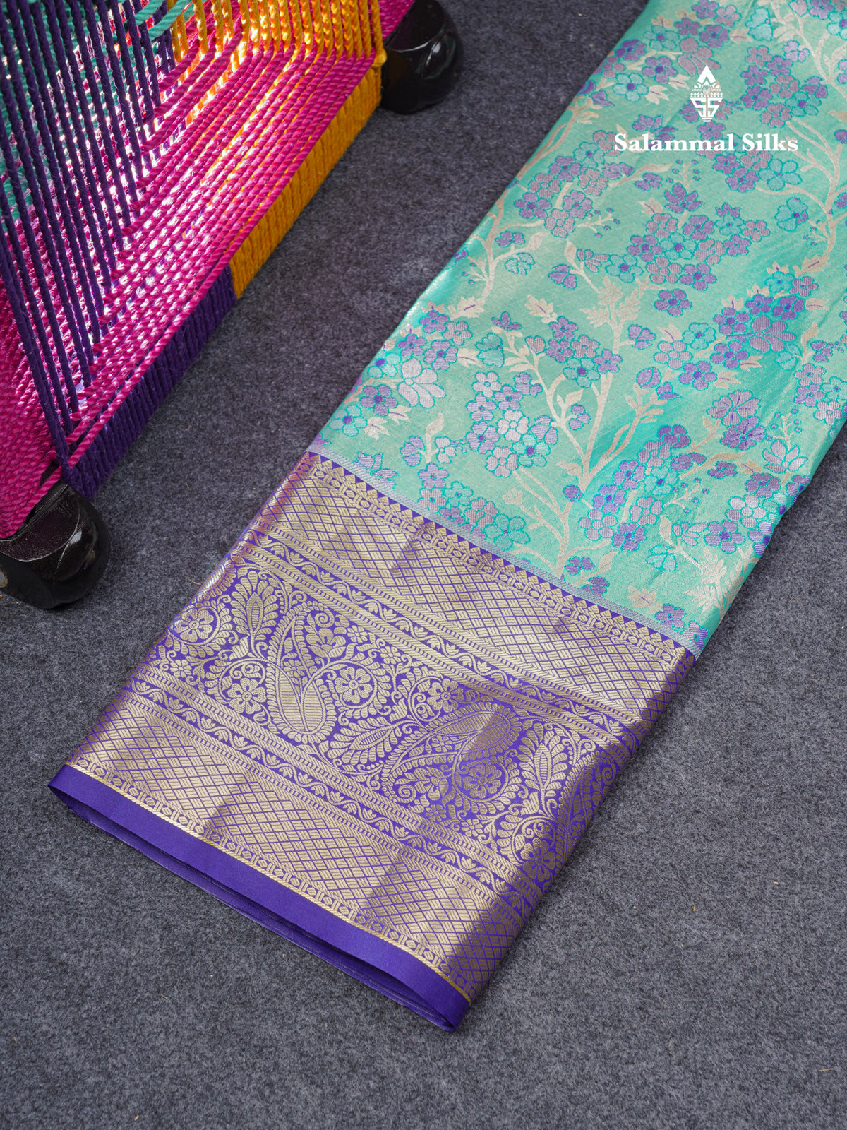 Semi Silk Pattu Pavadai Tissue (Sea Green) With Contrast Violet  Blouse 45"