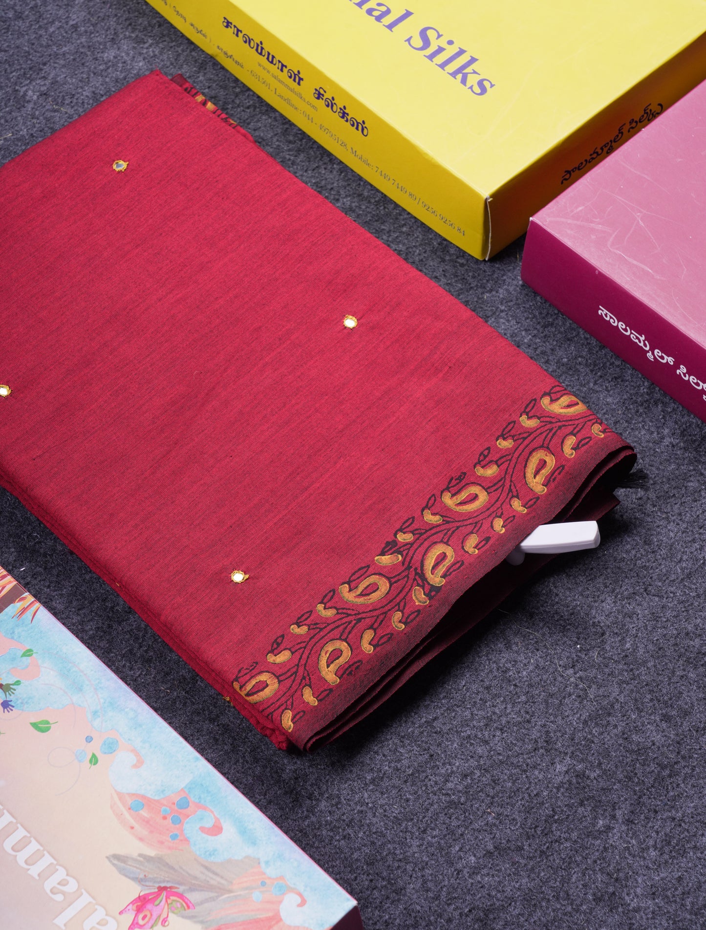 Beautiful Maroon Mirror Work South Cotton Printed Saree With Contrast Yellow Blouse