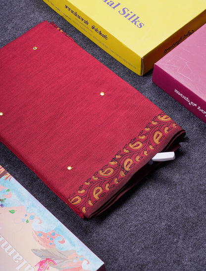 Beautiful Maroon Mirror Work South Cotton Printed Saree With Contrast Yellow Blouse