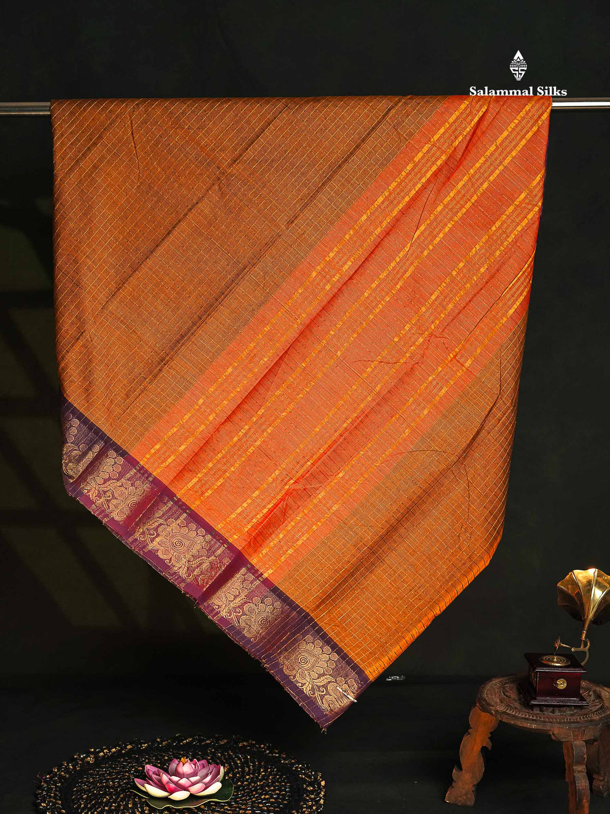 Chettinad Pure Cotton Saree - Mustard Yellow Colour Body Zari Checks With Contrast  Purple Border