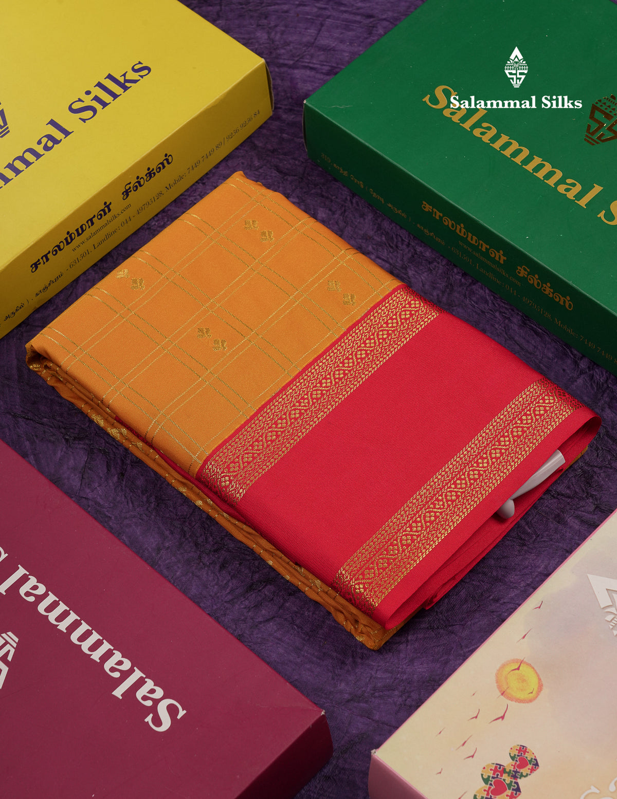 Beautiful Mango Yellow Checks And Buttas Semi Silk Saree With Red Traditional Double Border