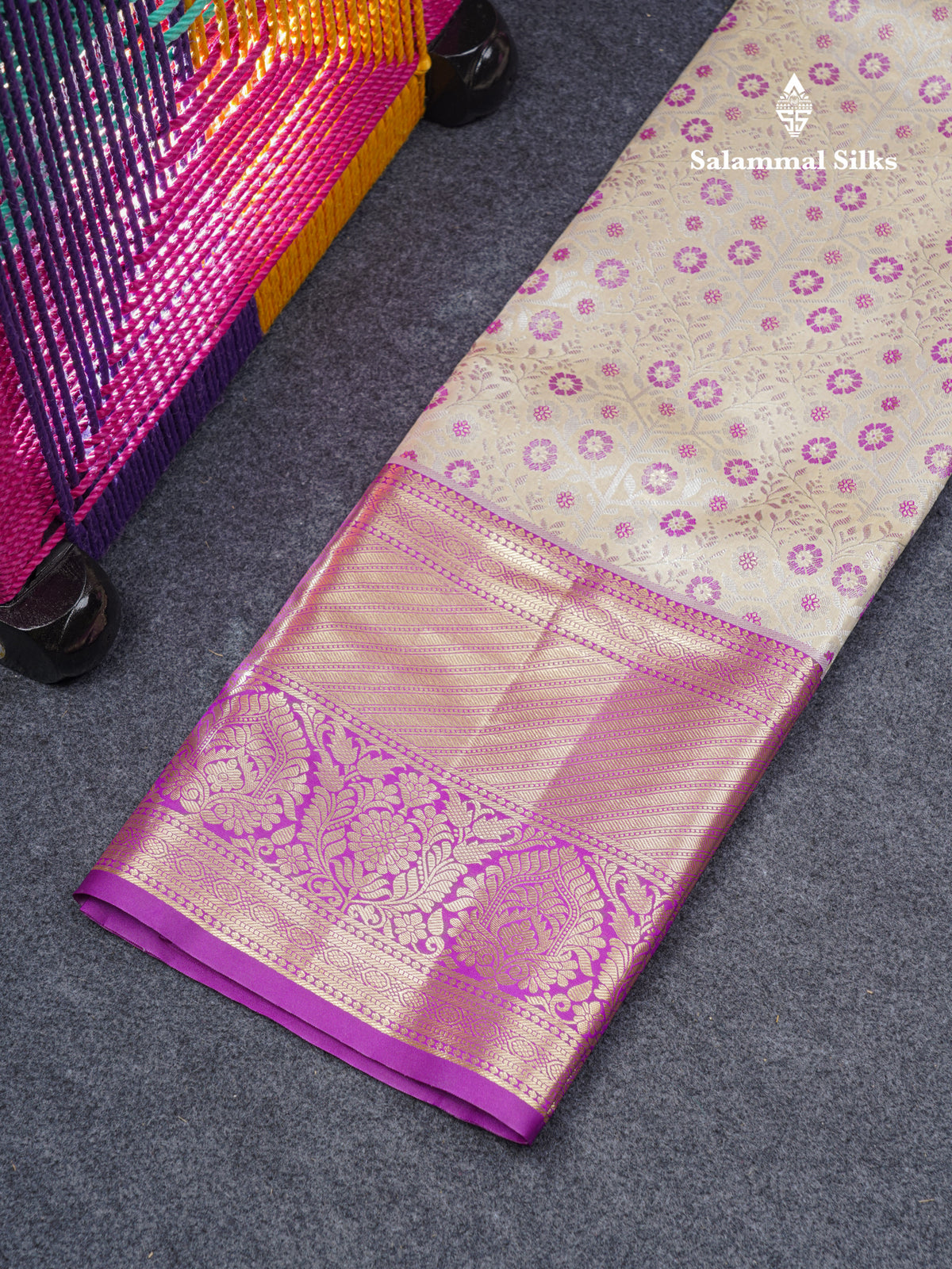 Semi Silk Pattu Pavadai Tissue (Half White) With Contrast Dark Purple Blouse 45"