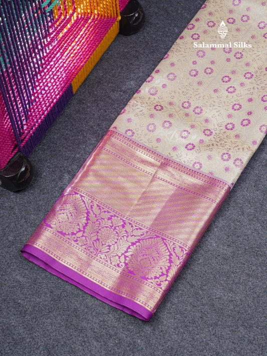 Semi Silk Pattu Pavadai Tissue (Half White) With Contrast Dark Purple Blouse 45"