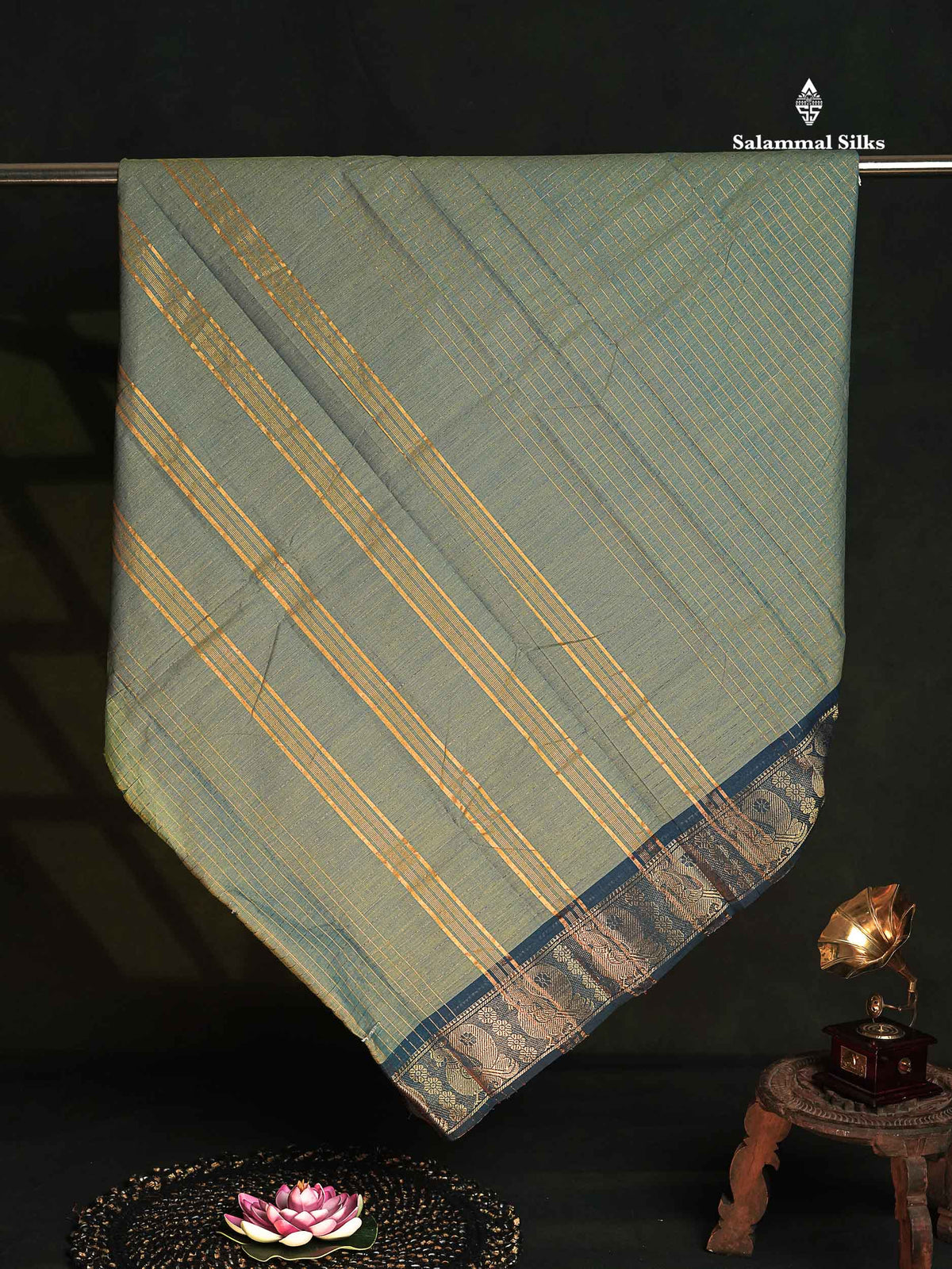 Chettinad Pure Cotton Saree - Sage Green Colour Body Zari Checks With Traditional Border