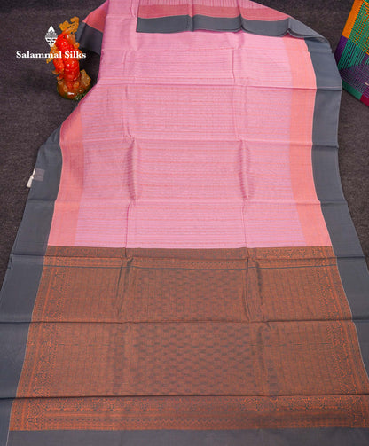 Beautiful Light Pink Zari Lines Kota Cotton Saree With Contrast Grey Plain Border