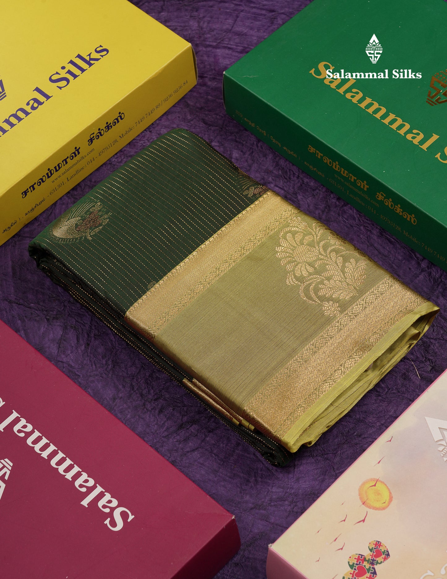 Beautiful Bottle Green Lines And Buttas Semi Silk Saree With Parrot Green Traditional Double Border