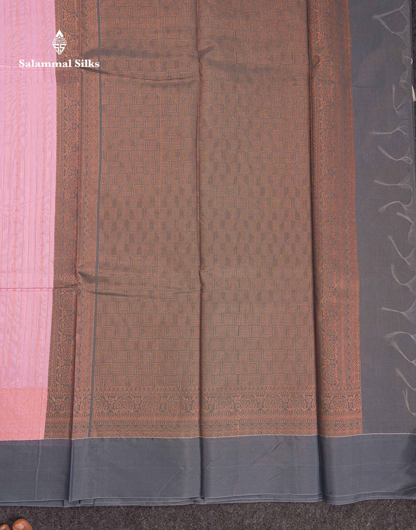 Beautiful Light Pink Zari Lines Kota Cotton Saree With Contrast Grey Plain Border