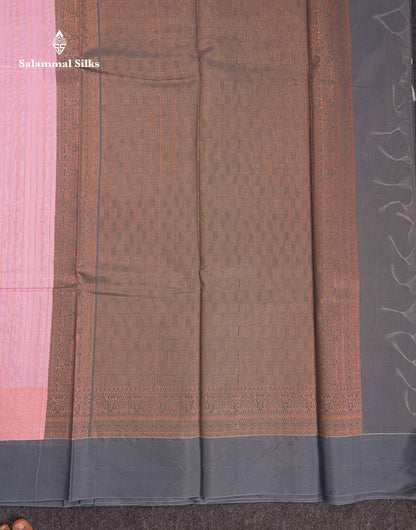 Beautiful Light Pink Zari Lines Kota Cotton Saree With Contrast Grey Plain Border