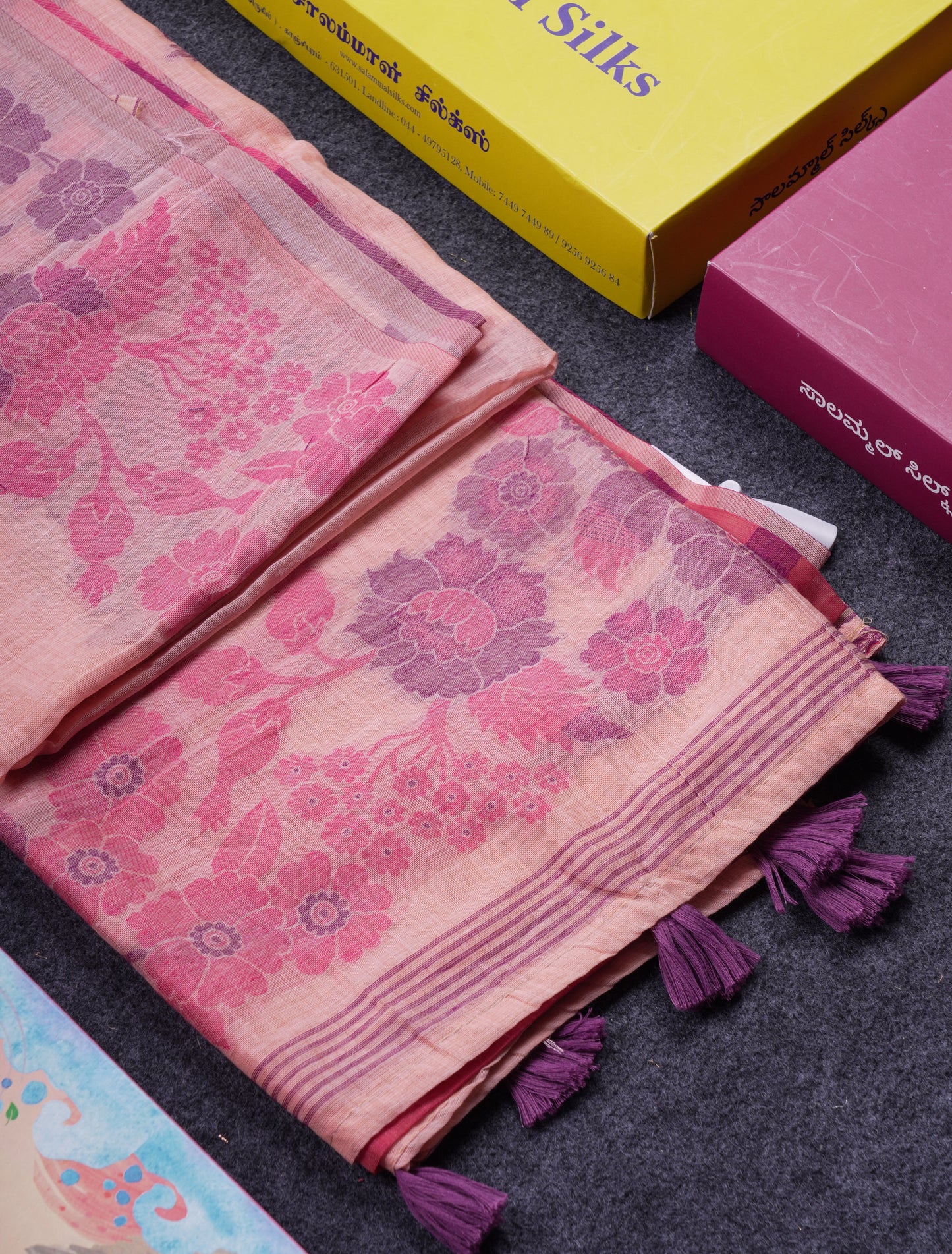 Beautiful Dark Peach Muga Cotton Saree With Contrast Maroon Blouse