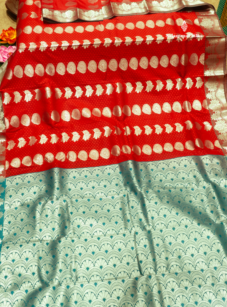 Red Colour Emboss Semi Silk Saree With Silver Zari Border
