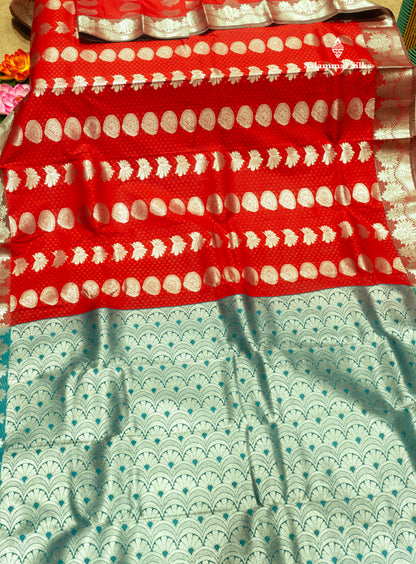 Red Colour Emboss Semi Silk Saree With Silver Zari Border