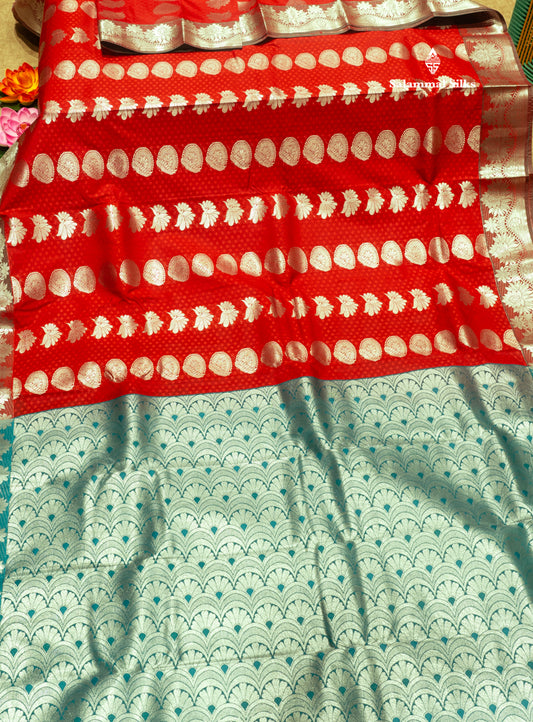 Red Colour Emboss Semi Silk Saree With Silver Zari Border