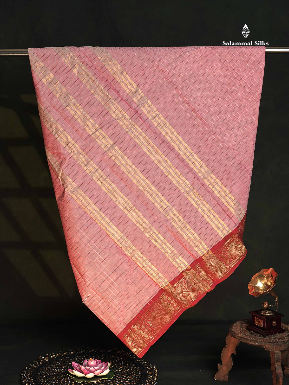 Chettinad Pure Cotton Saree - Peach Pink Colour Body Zari Checks With Contrast Maroon Border