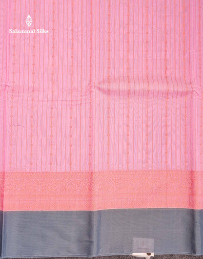 Beautiful Light Pink Zari Lines Kota Cotton Saree With Contrast Grey Plain Border