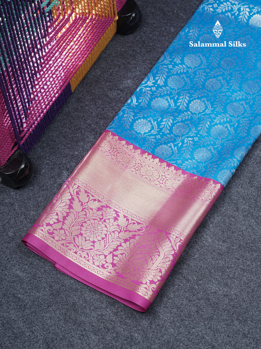 Semi Silk Pattu Pavadai (Blue) With Contrast Magenta Pink Blouse 45"