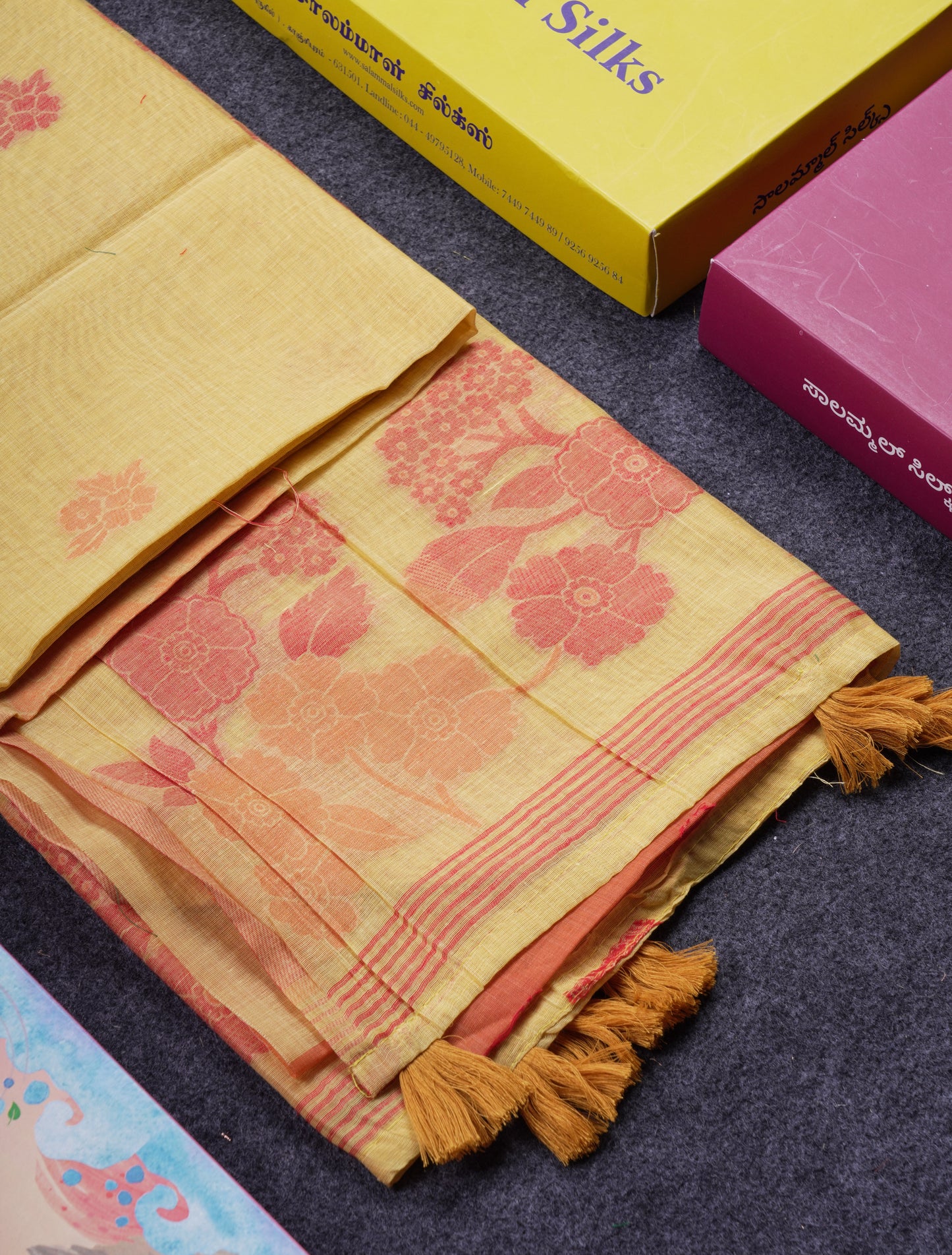 Beautiful Light Yellow Muga Cotton Saree With Contrast Light Red Blouse