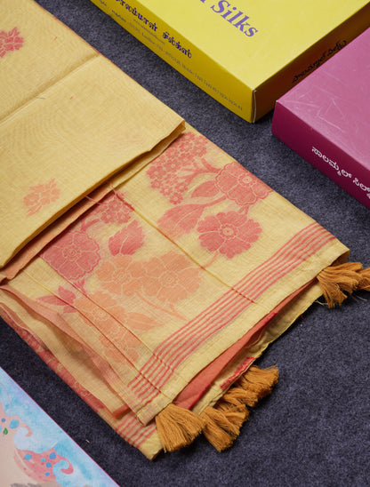 Beautiful Light Yellow Muga Cotton Saree With Contrast Light Red Blouse