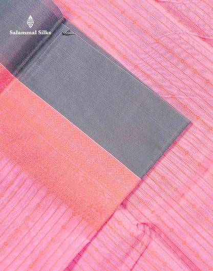 Beautiful Light Pink Zari Lines Kota Cotton Saree With Contrast Grey Plain Border