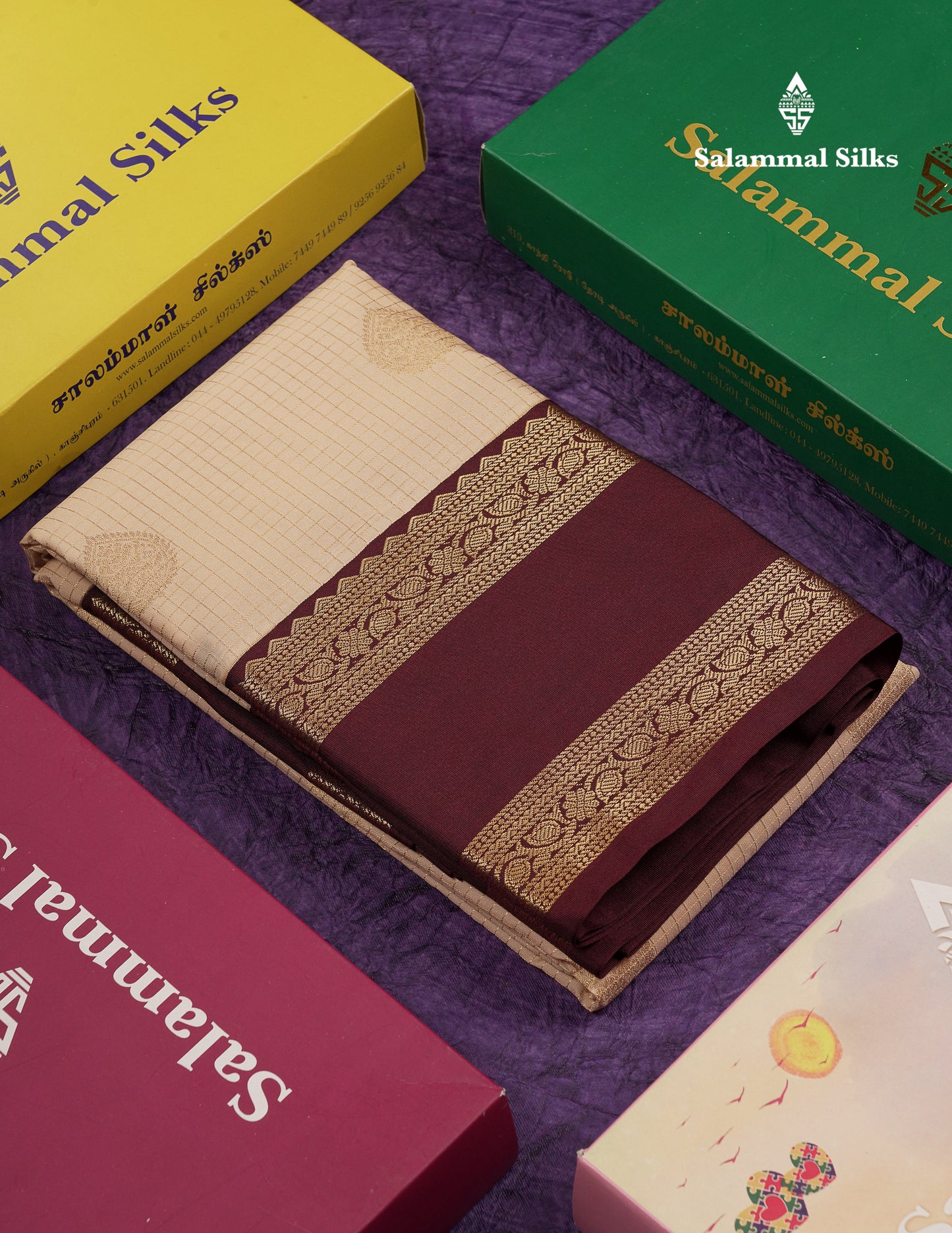 Beautiful Cream Sandal Checks With Butta Semi Silk Saree With Contrast Dark Brown Traditional Rettapet Border