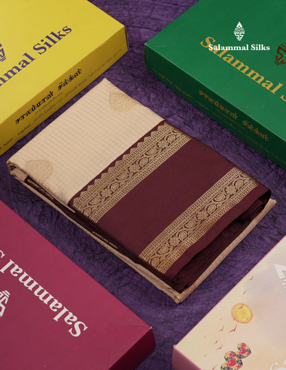 Beautiful Cream Sandal Checks With Butta Semi Silk Saree With Contrast Dark Brown Traditional Rettapet Border