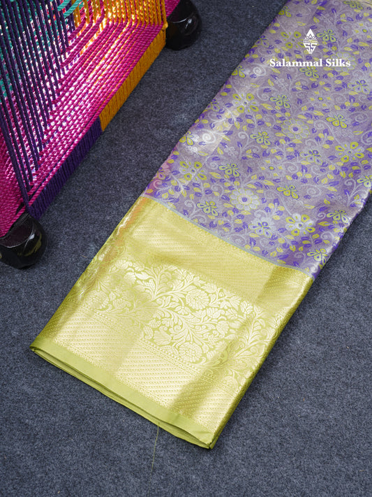 Semi Silk Pattu Pavadai Tissue (Violet) With Contrast Parrot Green Blouse 45"