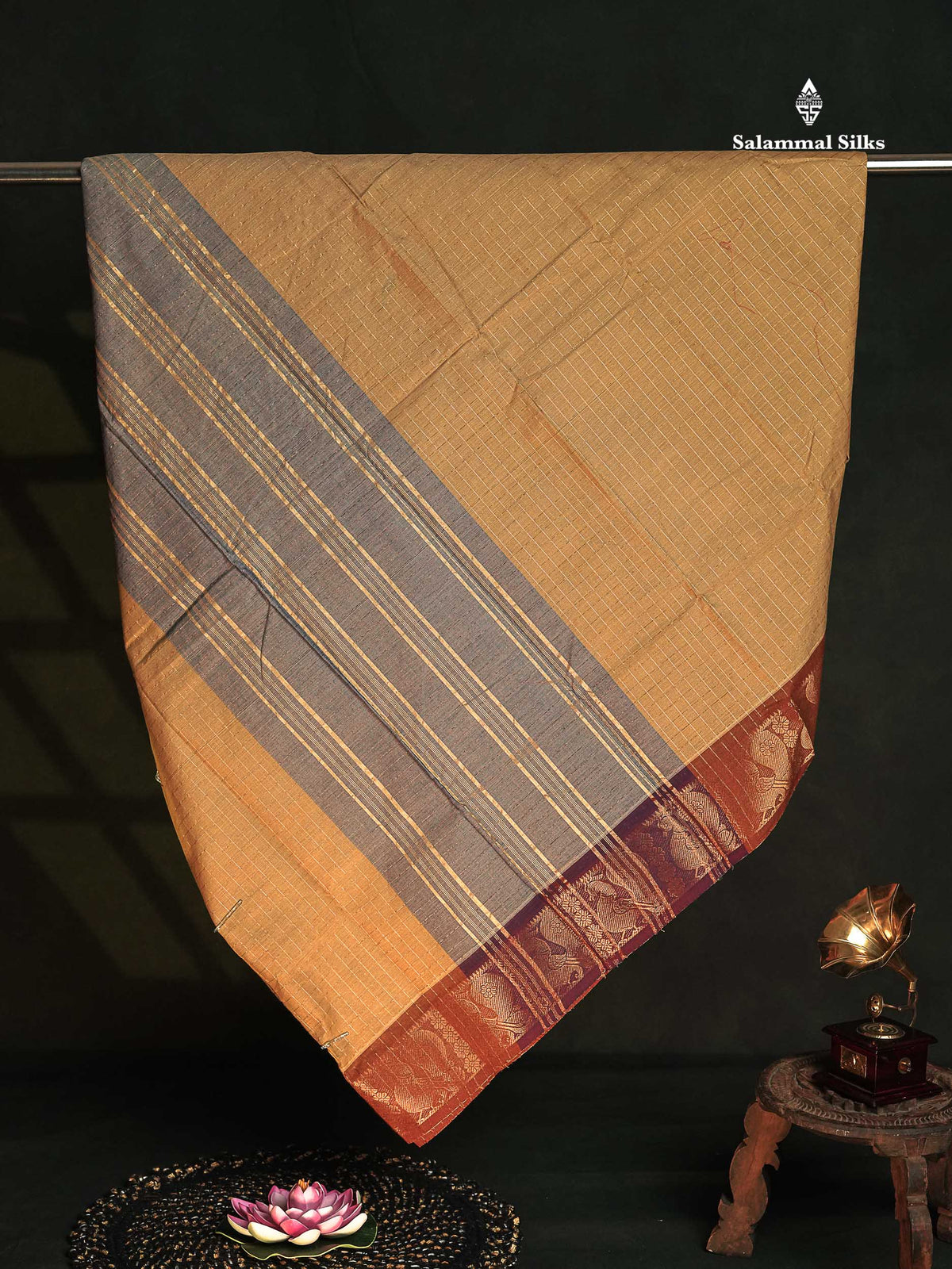 Chettinad Pure Cotton Saree - Sandal Colour Body Zari Checks With Contrast Light Brown Border