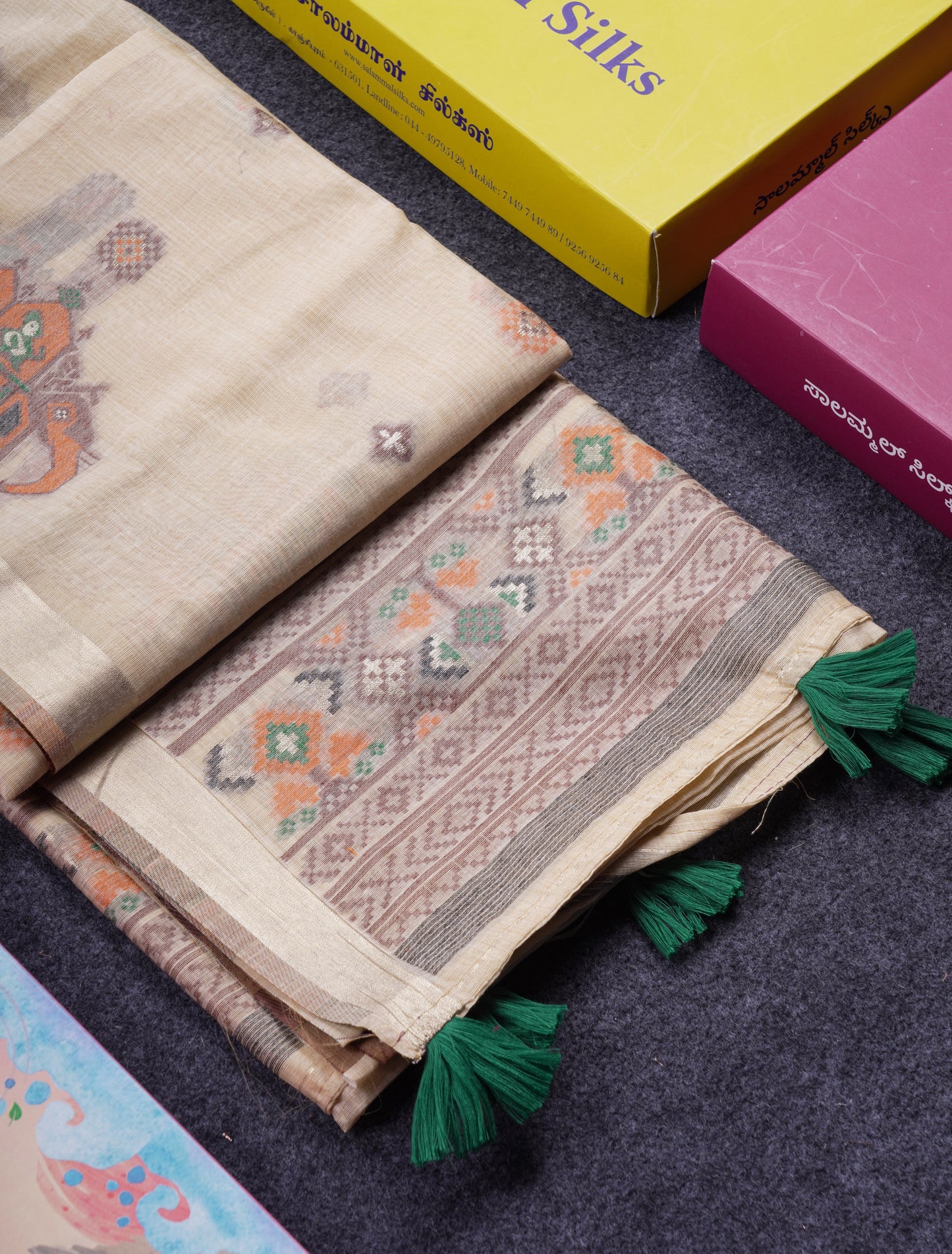Beautiful Cream Sandal Meanakari Work Muga Cotton Saree With Contrast Brown Blouse