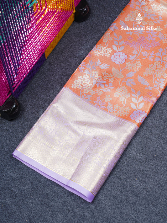 Semi Silk Pattu Pavadai Tissue (Orange) With Contrast Lavender  Blouse 45"