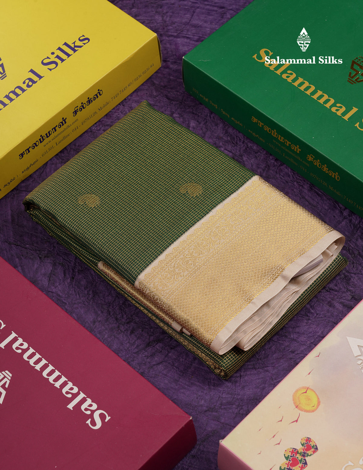 Beautiful Bottle Green Tiny Vaira Oosi Checks With Butta Semi Silk Saree With Contrast Cream Sandal Traditional Border