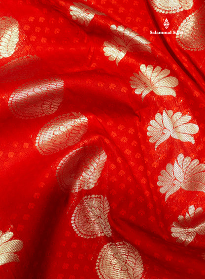 Red Colour Emboss Semi Silk Saree With Silver Zari Border