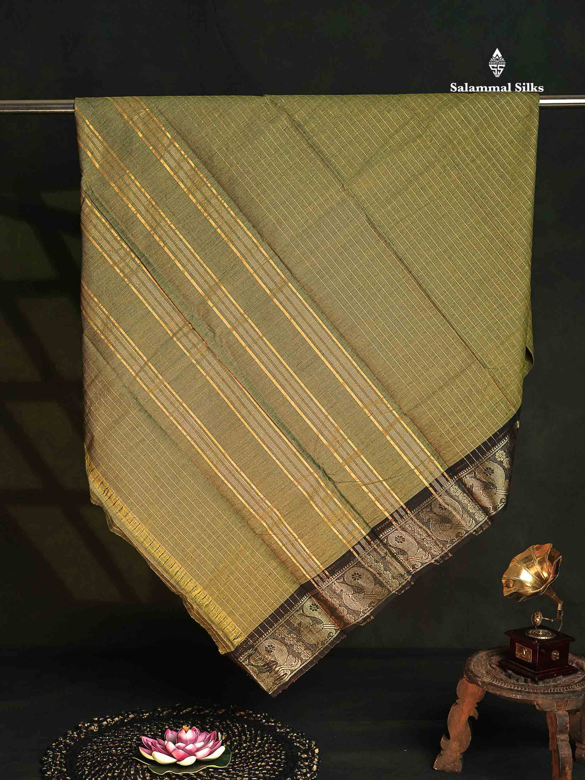 Chettinad Pure Cotton Saree - Olive Green Colour Body Zari Checks With Contrast Black Border