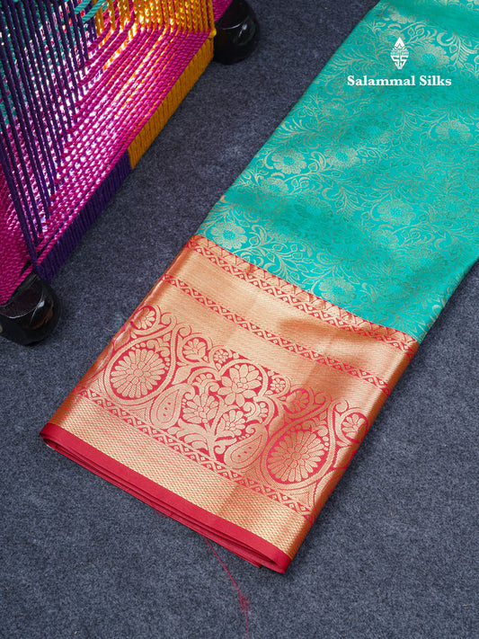 Semi Silk Pattu Pavadai (Sapphire Green) With Contrast Reddish Maroon Blouse 45"