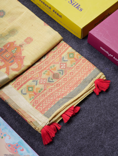 Beautiful Cream Sandal Meanakari Work Muga Cotton Saree With Contrast Brown Blouse
