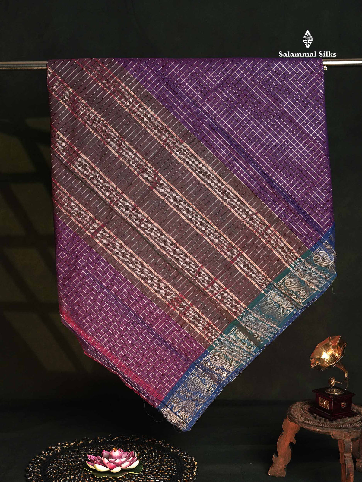 Chettinad Pure Cotton Saree - Dual Tone Violet Colour Body Zari Checks With Traditional Border