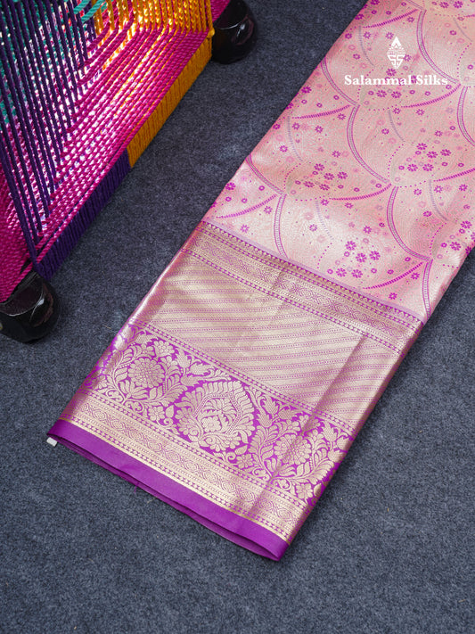 Semi Silk Pattu Pavadai Tissue (Peach Pink) With Contrast Dark Purple Blouse 45"