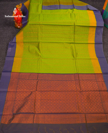 Beautiful Parrot Green Zari Lines Kota Cotton Saree With Contrast Blueish Grey Plain Border