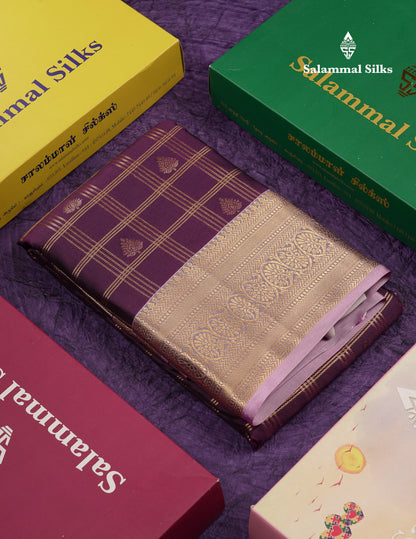 Beautiful Dark Magenta Checks With Butta Semi Silk Saree With Contrast Light Violet Traditional Evening Morning Border