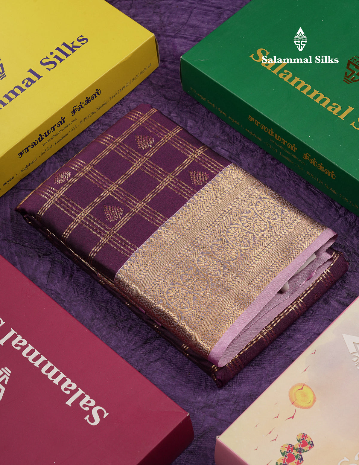 Beautiful Dark Magenta Checks With Butta Semi Silk Saree With Contrast Light Violet Traditional Evening Morning Border