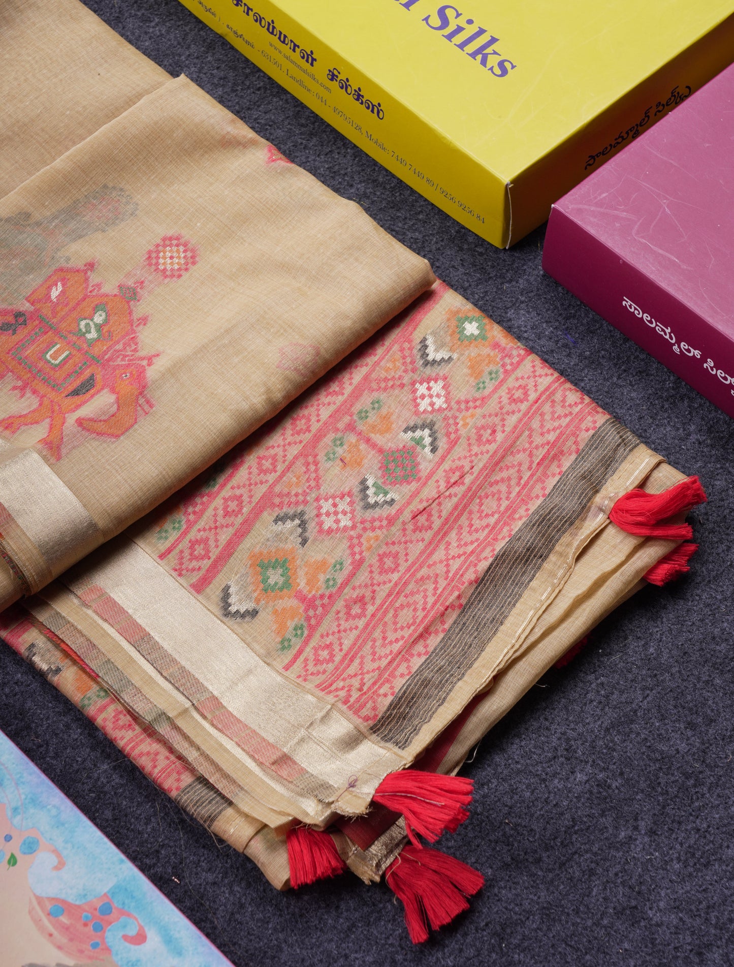 Beautiful Cream Sandal Meanakari Work Muga Cotton Saree With Contrast Brown Blouse