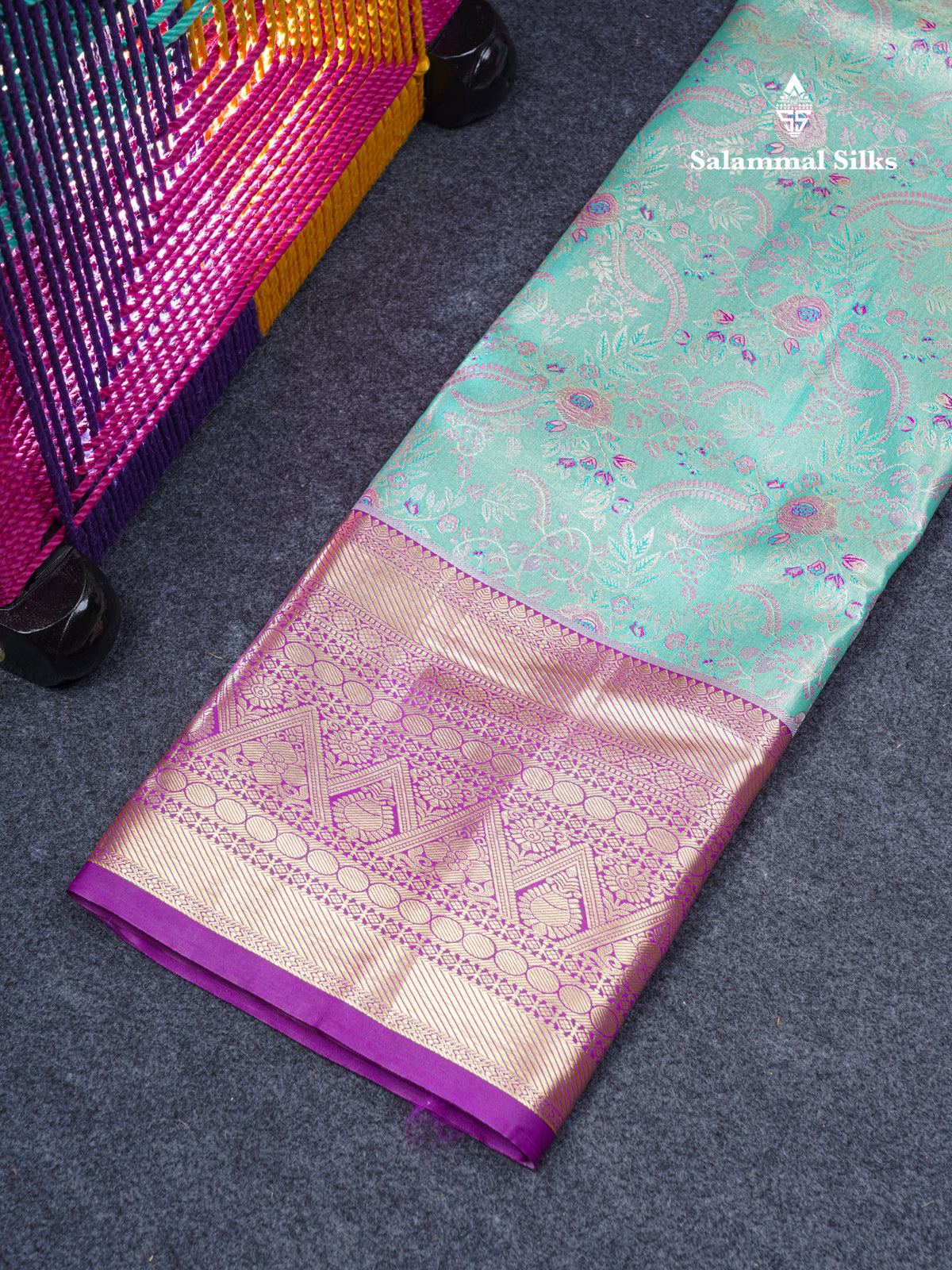 Semi Silk Pattu Pavadai Tissue (Sea Green) With Contrast Dark Purple  Blouse 45"